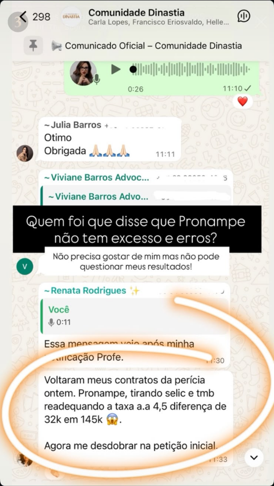 Print de WhatsApp: perícia no Pronampe com diferença de R$ 32 mil em um contrato de R$ 145 mil.