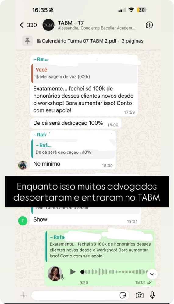 Print de WhatsApp: R$ 100 mil em honorários de clientes novos depois do workshop.