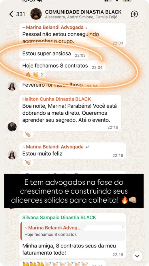 Print de WhatsApp: "Hoje fechamos 8 contratos."